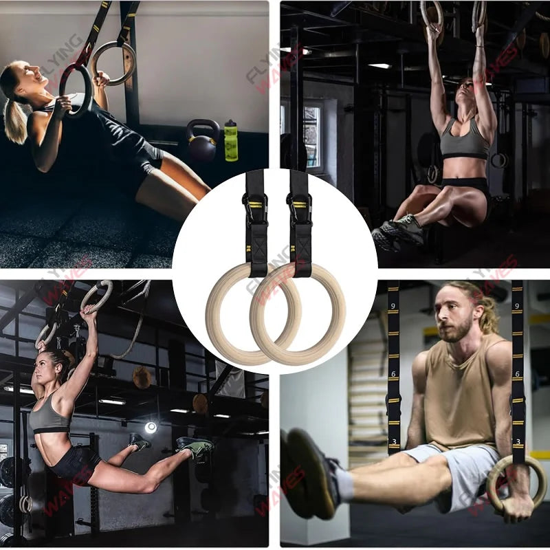 Wooden Gymnastic Rings – Adjustable Straps for Strength, Control & Stability